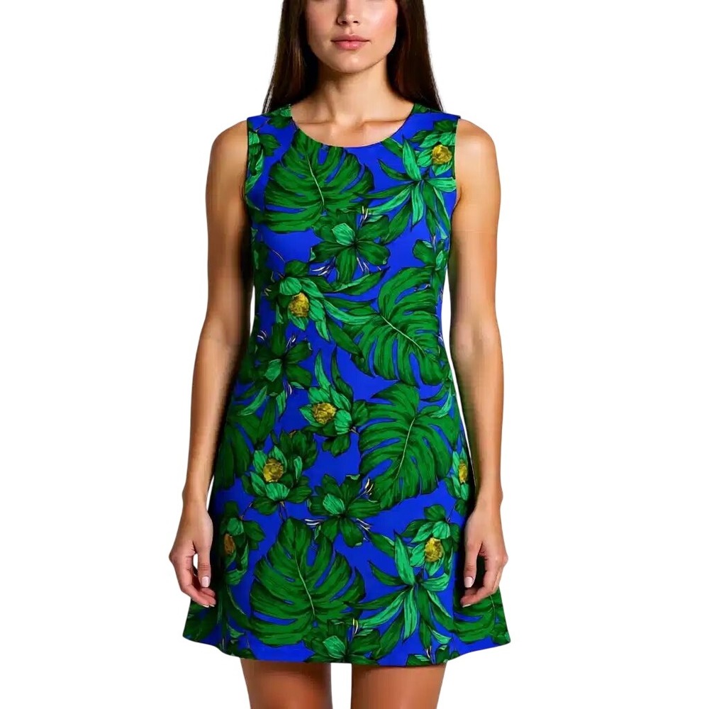 Tommy Hilfiger Womens Blue Tropical Leaf Print Sleeveless A-Line Dress 12 NWT